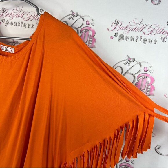 Poncho pull over bright Vibrant Orange Fringe Poncho tassle bottom hem comfy - Picture 6 of 10